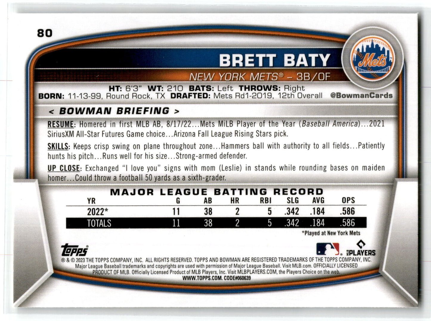 2023 Bowman #80 Brett Baty NM