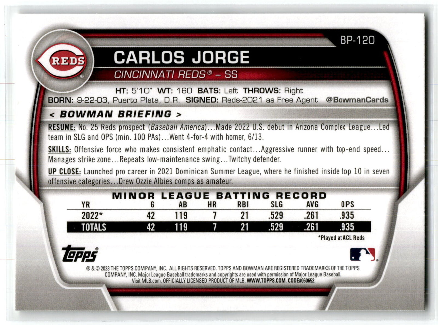 2023 Bowman #BP-120 Carlos Jorge Prospects NM