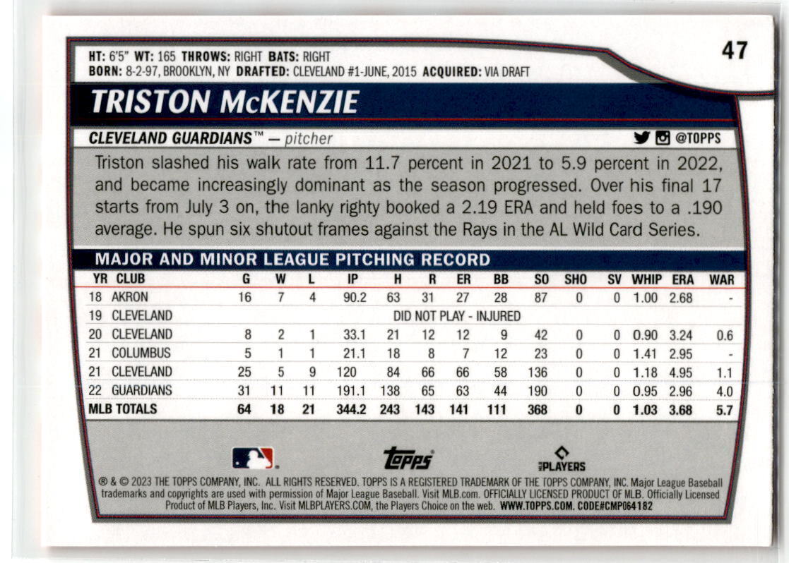 2023 Topps Big League #47 Triston McKenzie Electric Orange NM