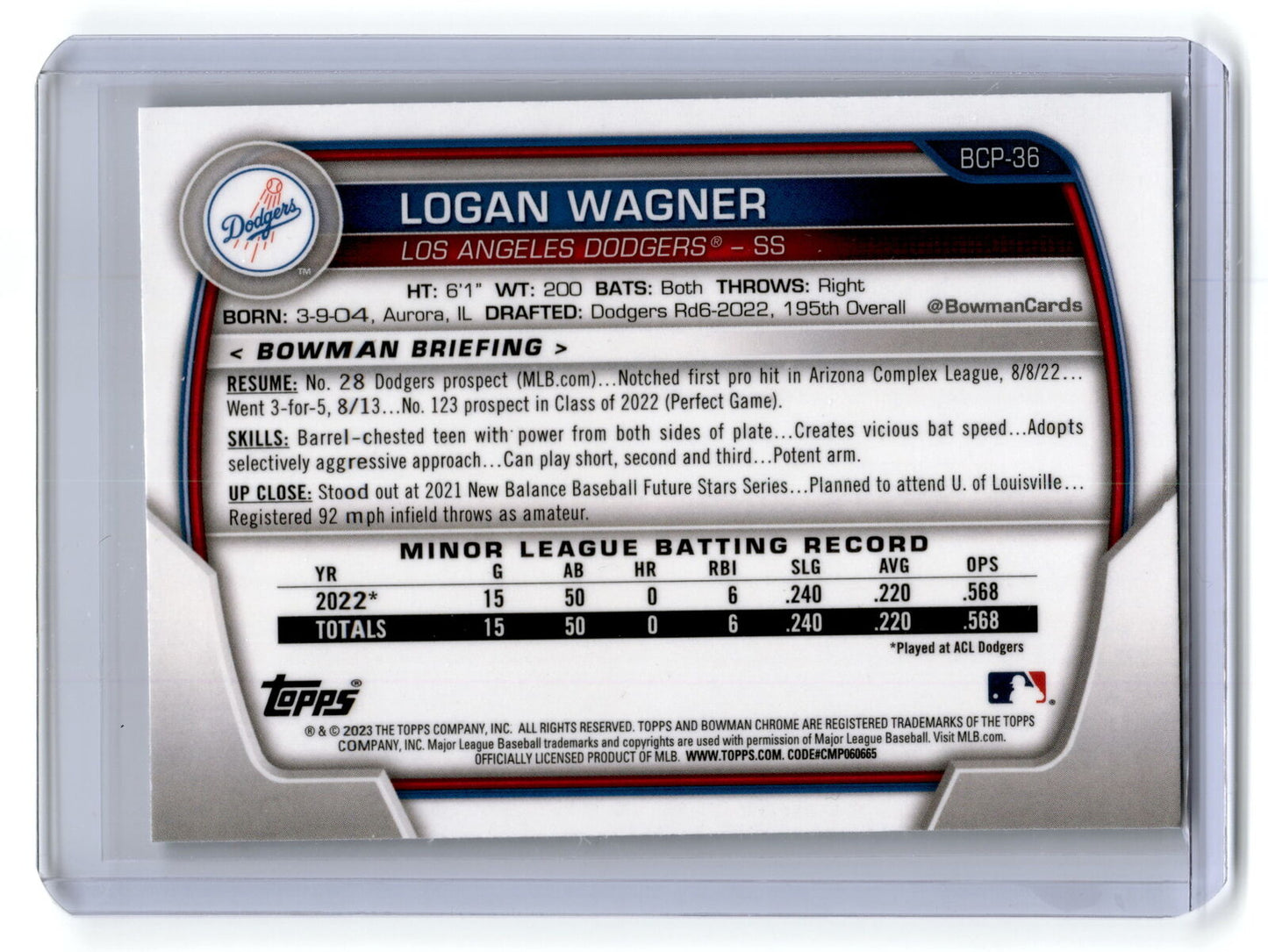 2023 Bowman #BCP-36 Logan Wagner Chrome Prospects NM