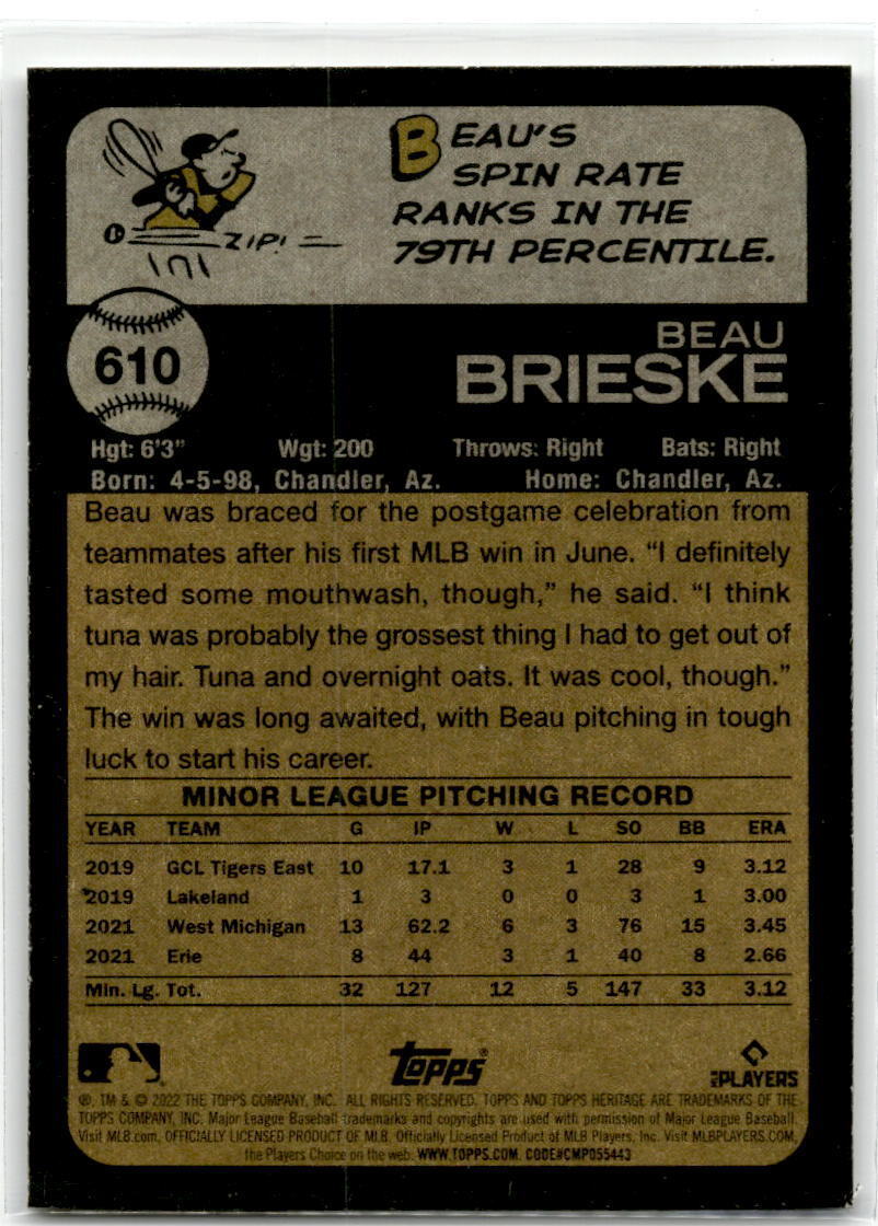 2022 Topps Heritage #610 Beau Brieske NM