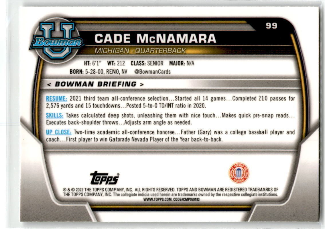 2022 Bowman Chrome University #99 Cade McNamara NM