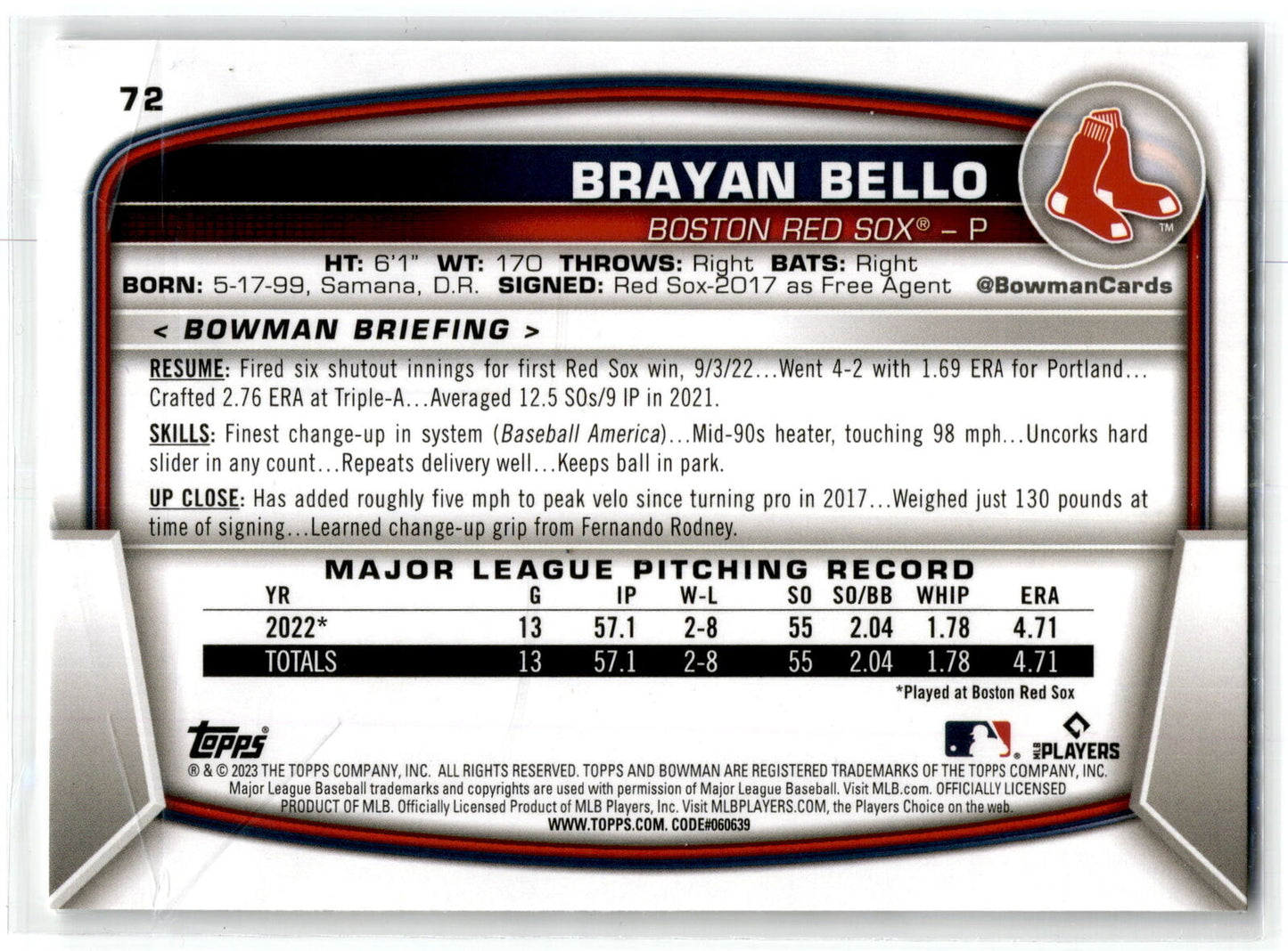 2023 Bowman #72 Brayan Bello NM