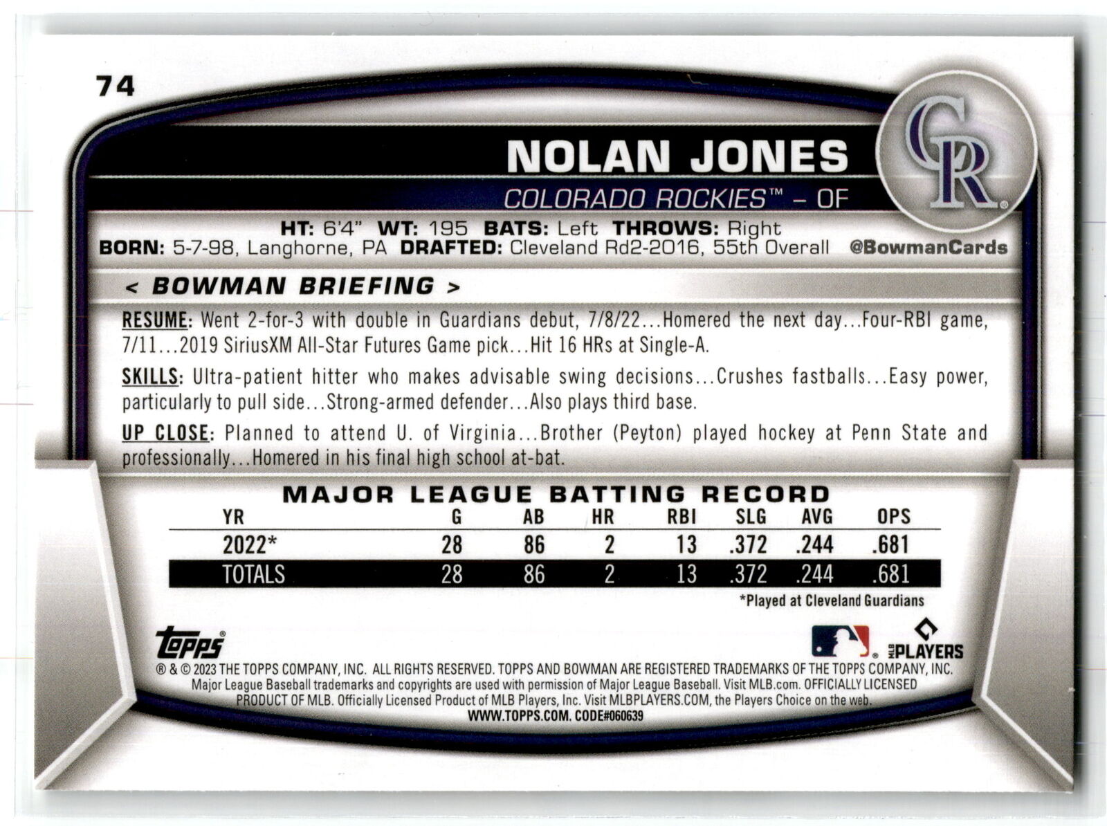 2023 Bowman #74 Nolan Jones NM