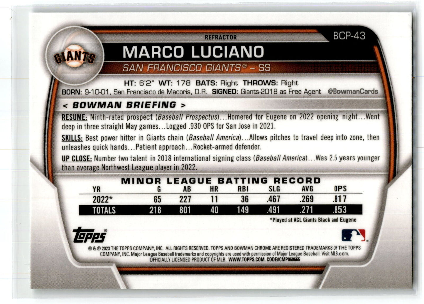 2023 Bowman #BCP-43 Marco Luciano Chrome Prospects Lunar Glow Refractor NM