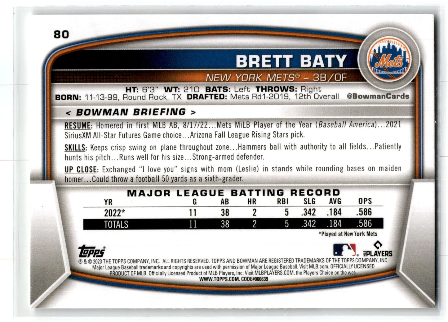 2023 Bowman #80 Brett Baty NM