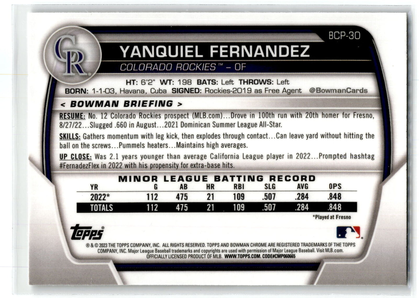 2023 Bowman #BCP-30 Yanquiel Fernandez Chrome Prospects NM