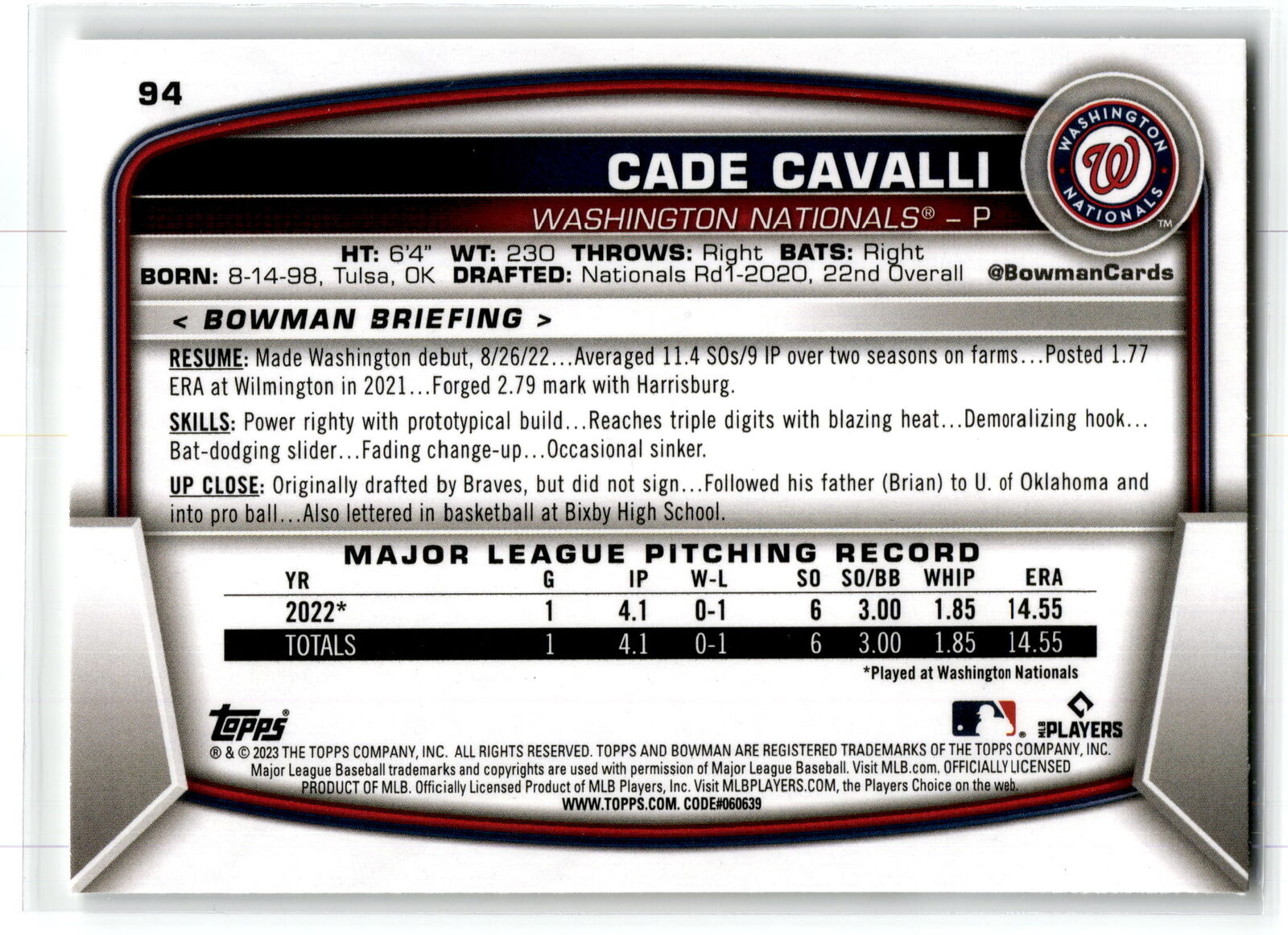 2023 Bowman #94 Cade Cavalli NM