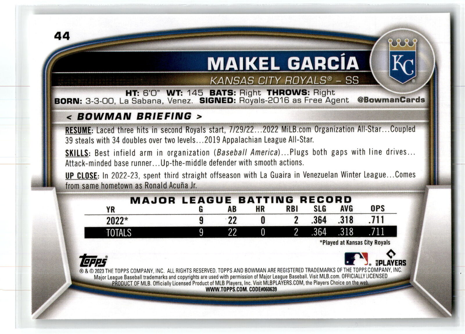 2023 Bowman #44 Maikel Garcia NM