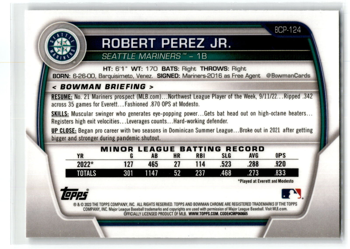 2023 Bowman #BCP-124 Robert Perez Jr. Chrome Prospects NM