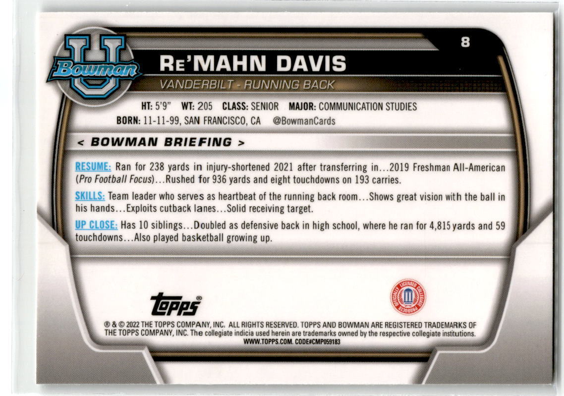 2022 Bowman Chrome University #8 Re'Mahn Davis NM