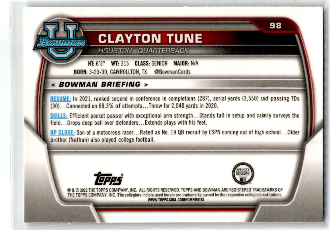 2022 Bowman Chrome University #98 Clayton Tune NM