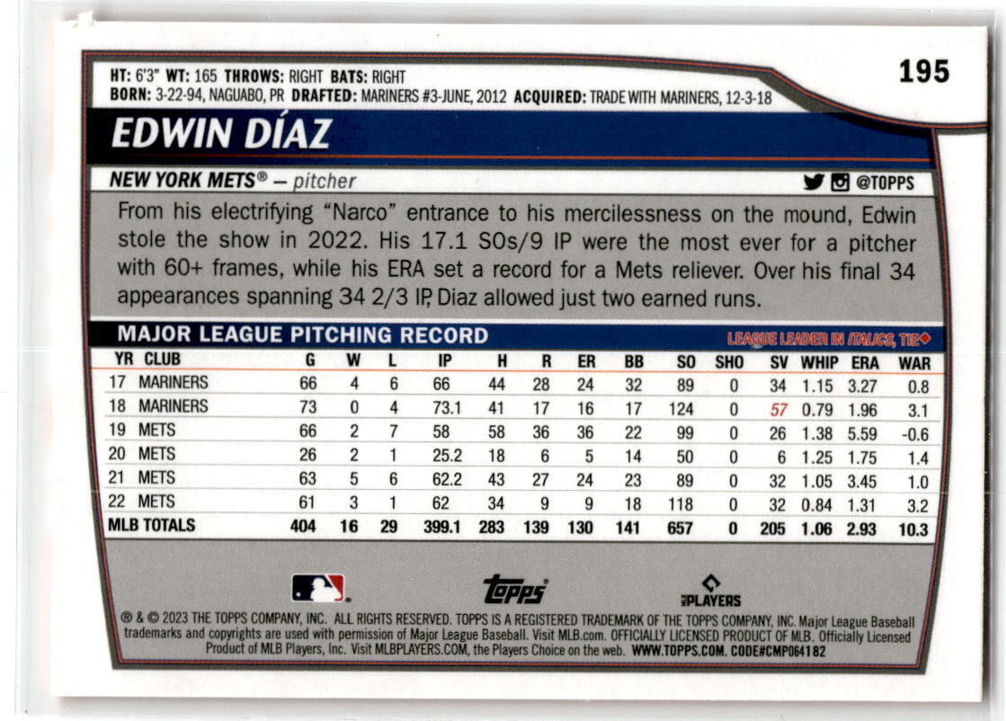 2023 Topps Big League #195 Edwin Díaz Electric Orange NM