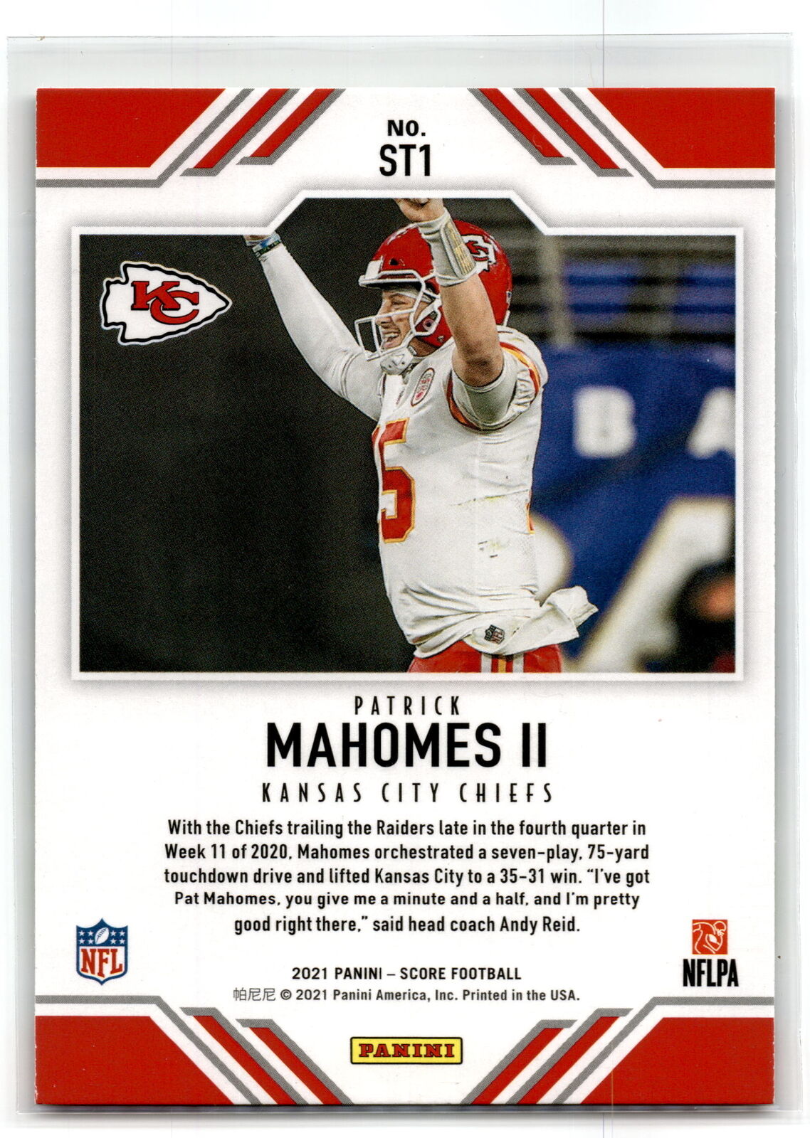 2021 Score #ST1 Patrick Mahomes II Score Team NM