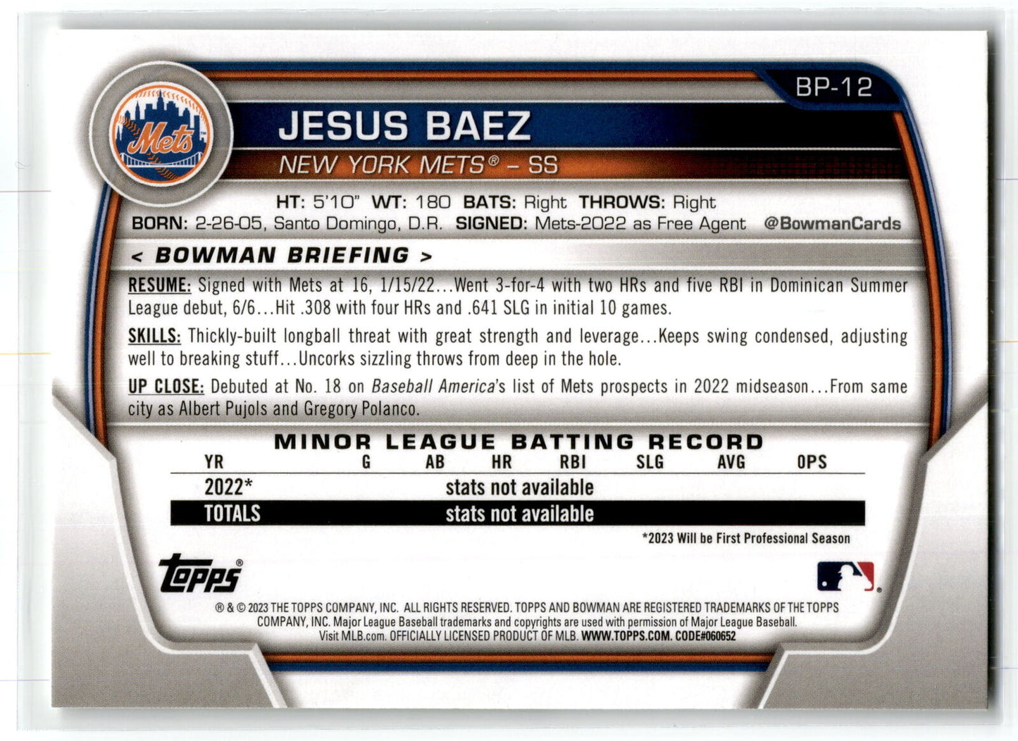 2023 Bowman #BP-12 Jesus Baez Prospects NM