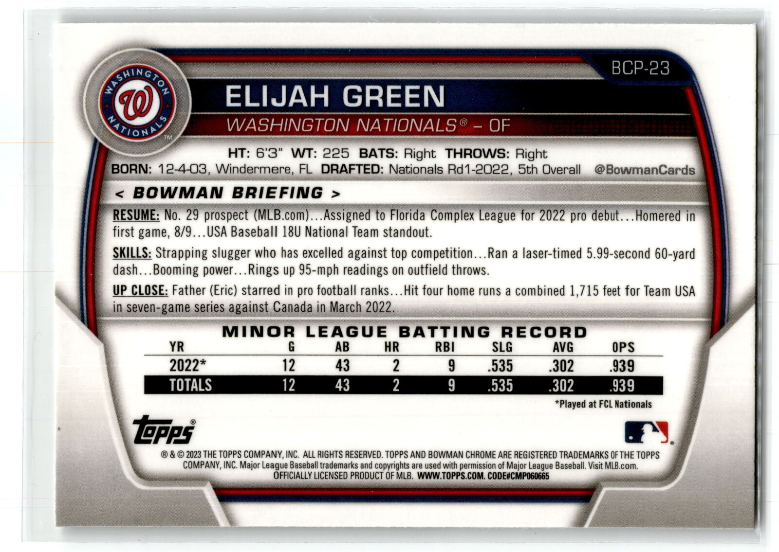 2023 Bowman #BCP-23 Elijah Green Chrome Prospects NM