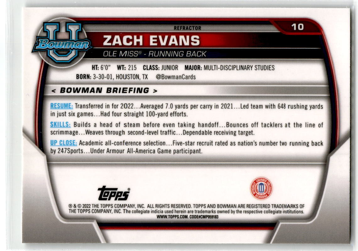 2022 Bowman Chrome University #10 Zach Evans NM