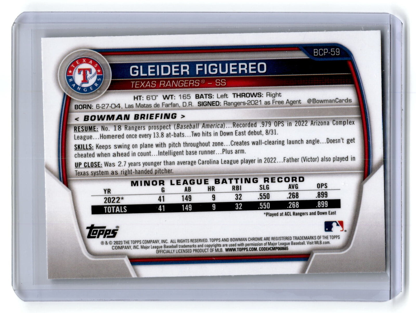 2023 Bowman #BCP-59 Gleider Figuereo Chrome Prospects NM