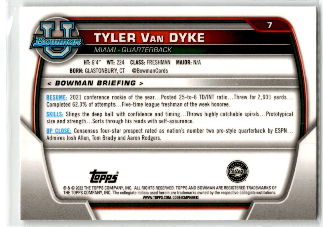 2022 Bowman Chrome University #7 Tyler Van Dyke NM