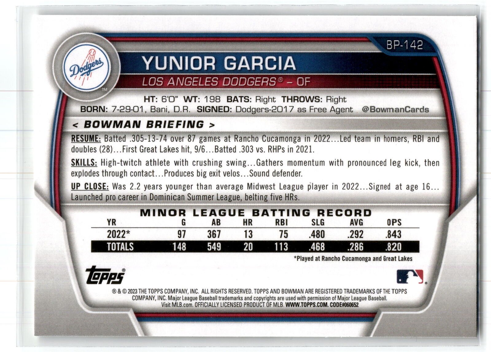 2023 Bowman #BP-142 Yunior Garcia Prospects NM