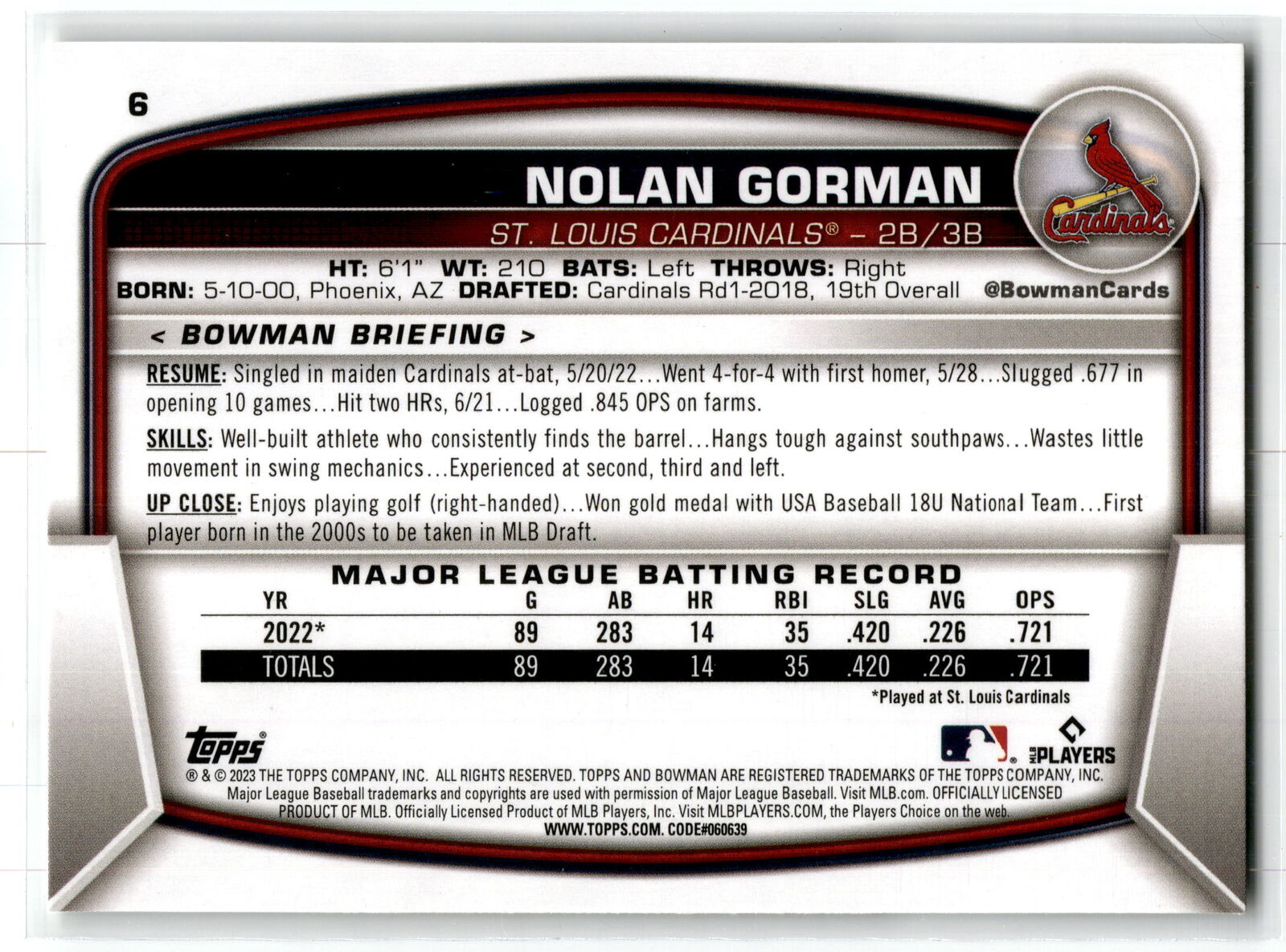 2023 Bowman #6 Nolan Gorman NM