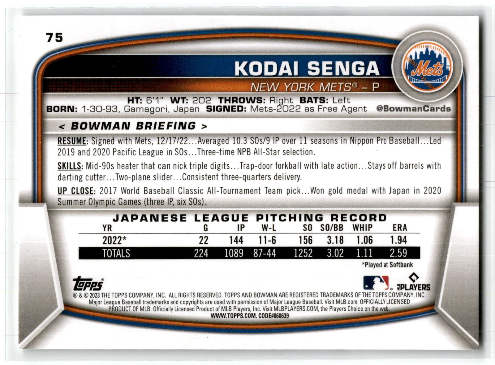 2023 Bowman #75 Kodai Senga NM