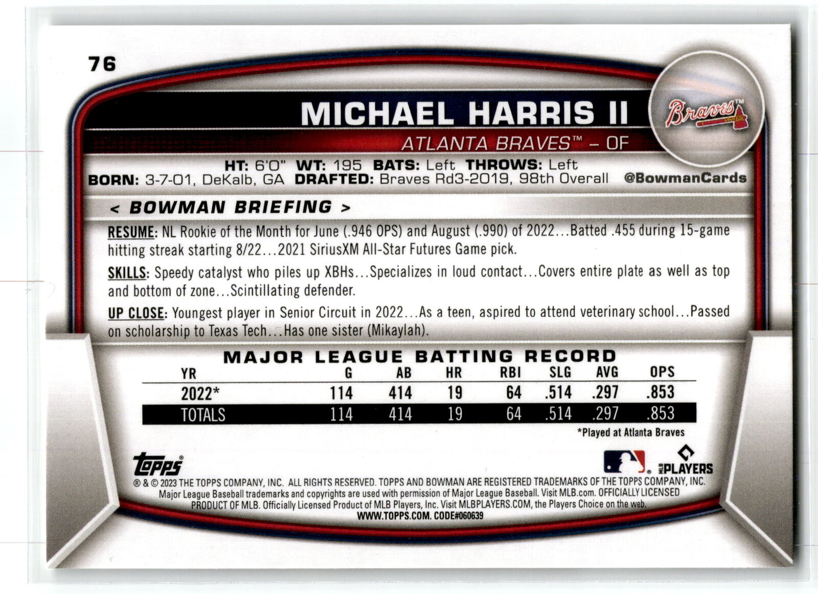 2023 Bowman #76 Michael Harris II NM