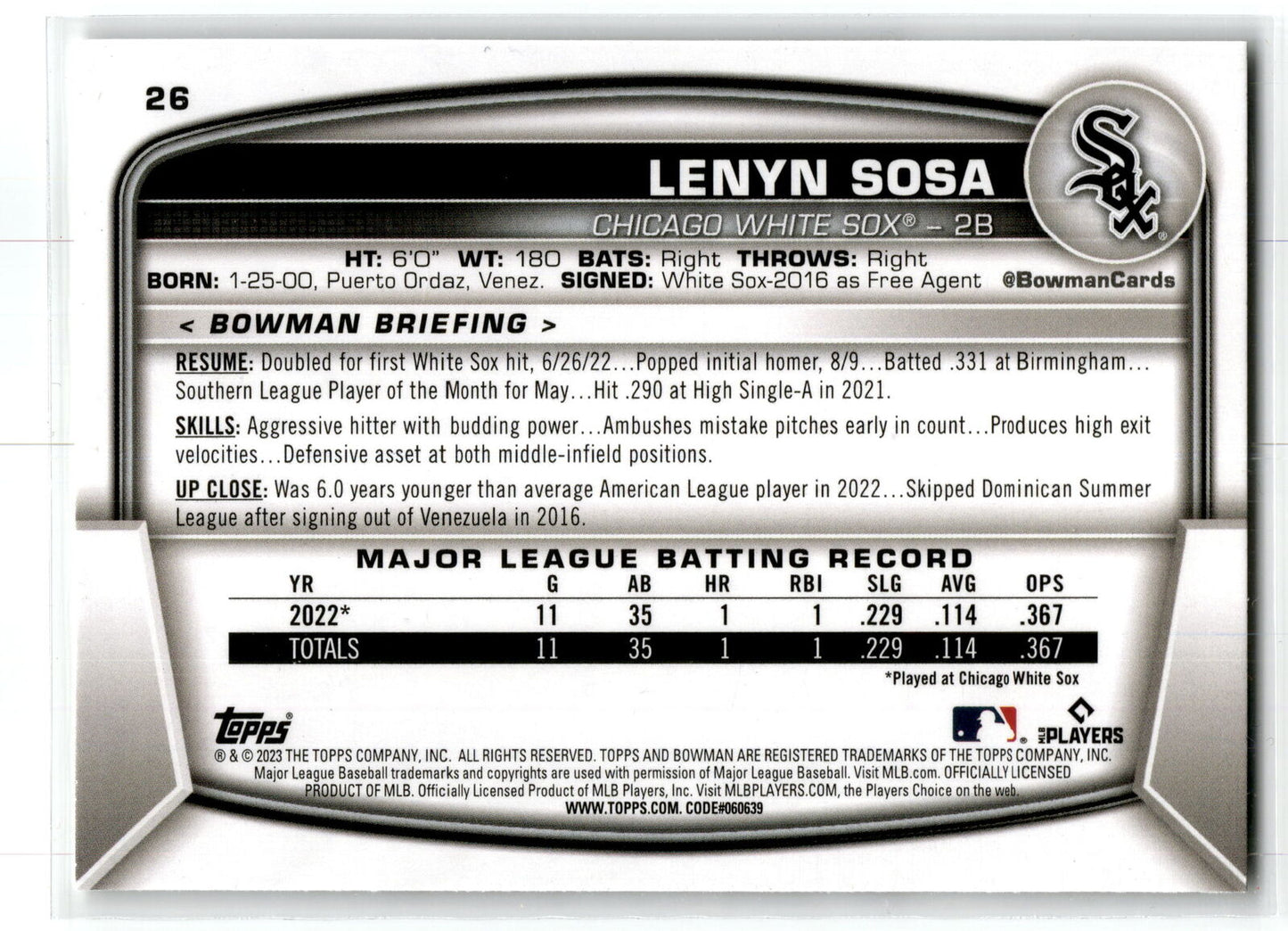 2023 Bowman #26 Lenyn Sosa NM