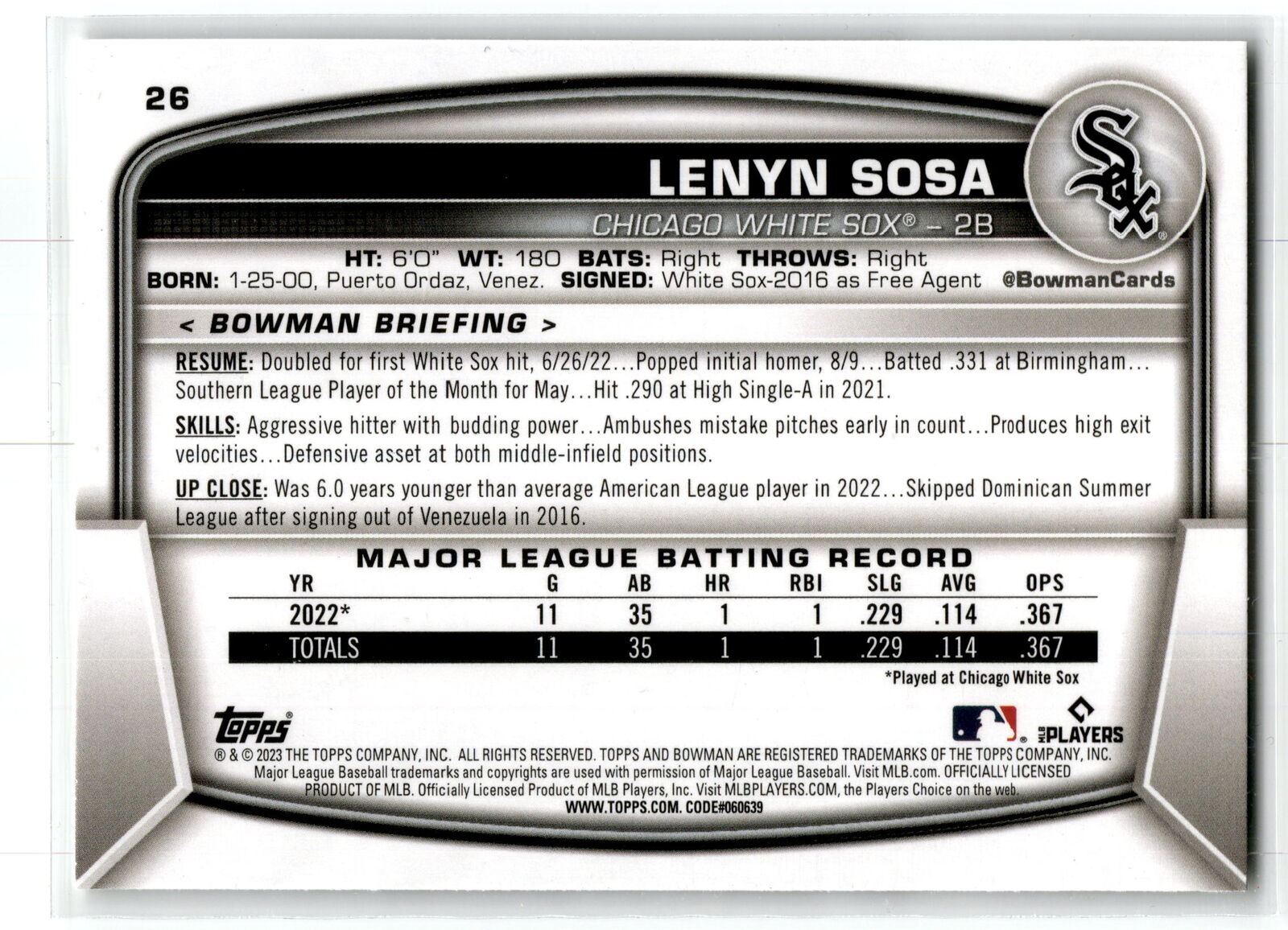 2023 Bowman #26 Lenyn Sosa NM