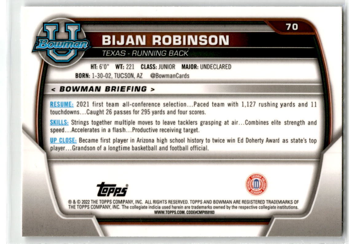 2022 Bowman Chrome University #70 Bijan Robinson NM