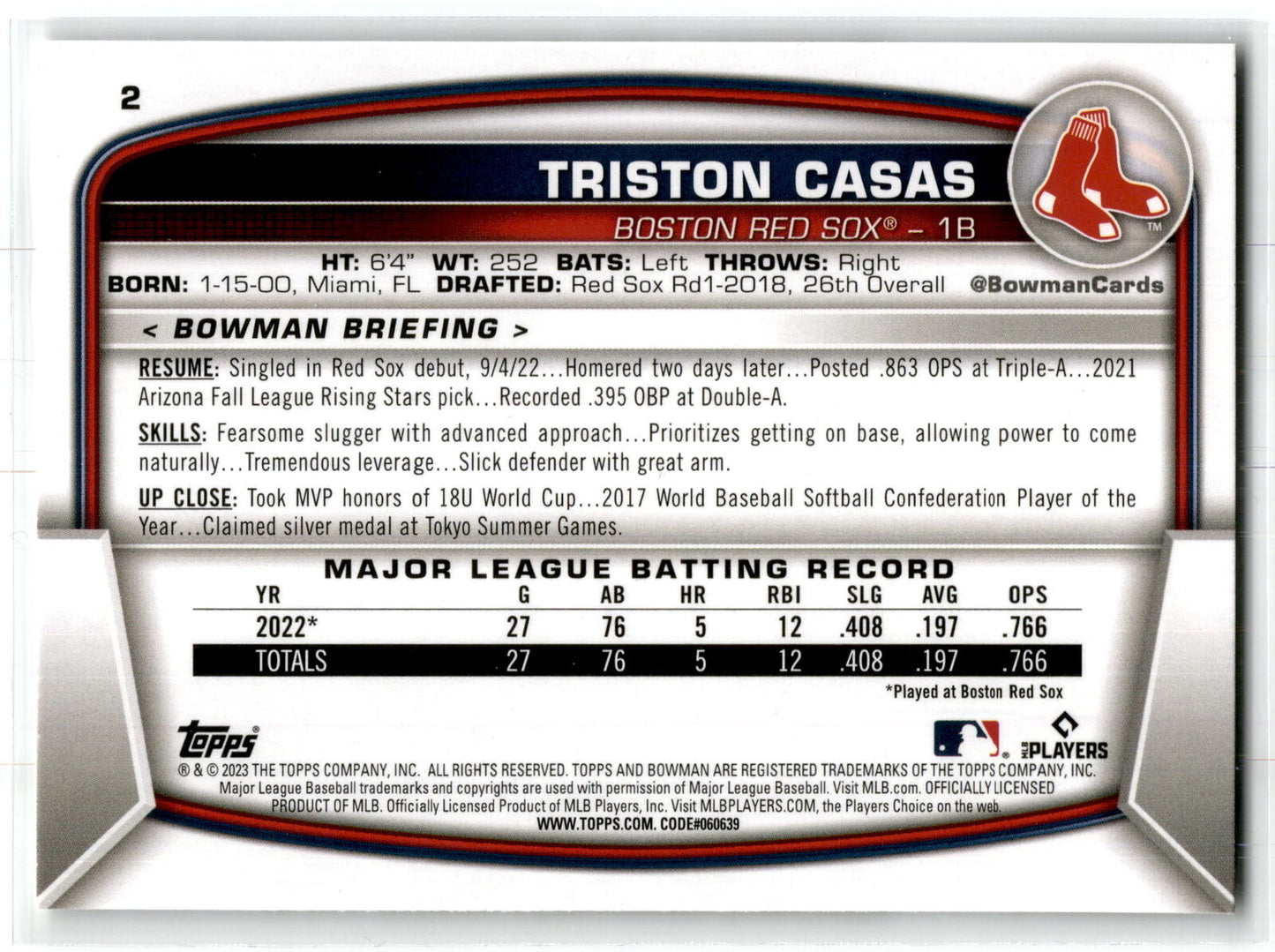 2023 Bowman #2 Triston Casas NM