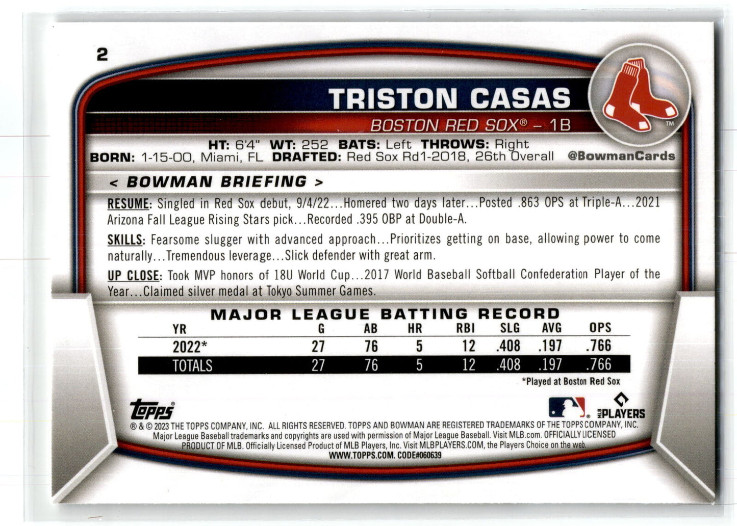 2023 Bowman #2 Triston Casas NM