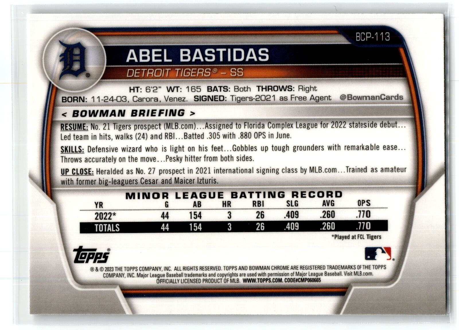 2023 Bowman #BCP-113 Abel Bastidas Chrome Prospects NM