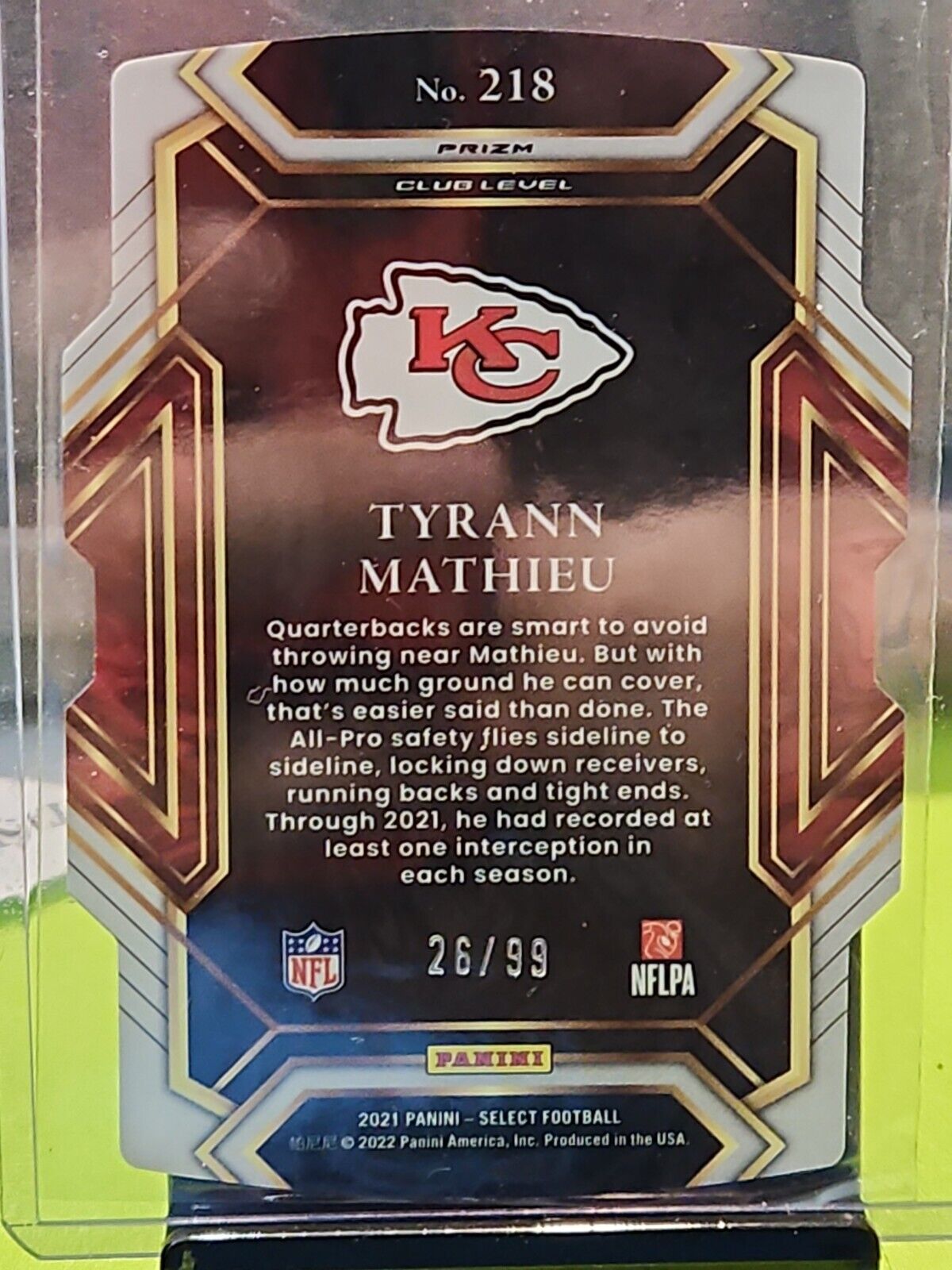 2021 SELECT WHITE DIE CUT /99 CLUB LEVEL TYRANN MATHIEU CHIEFS