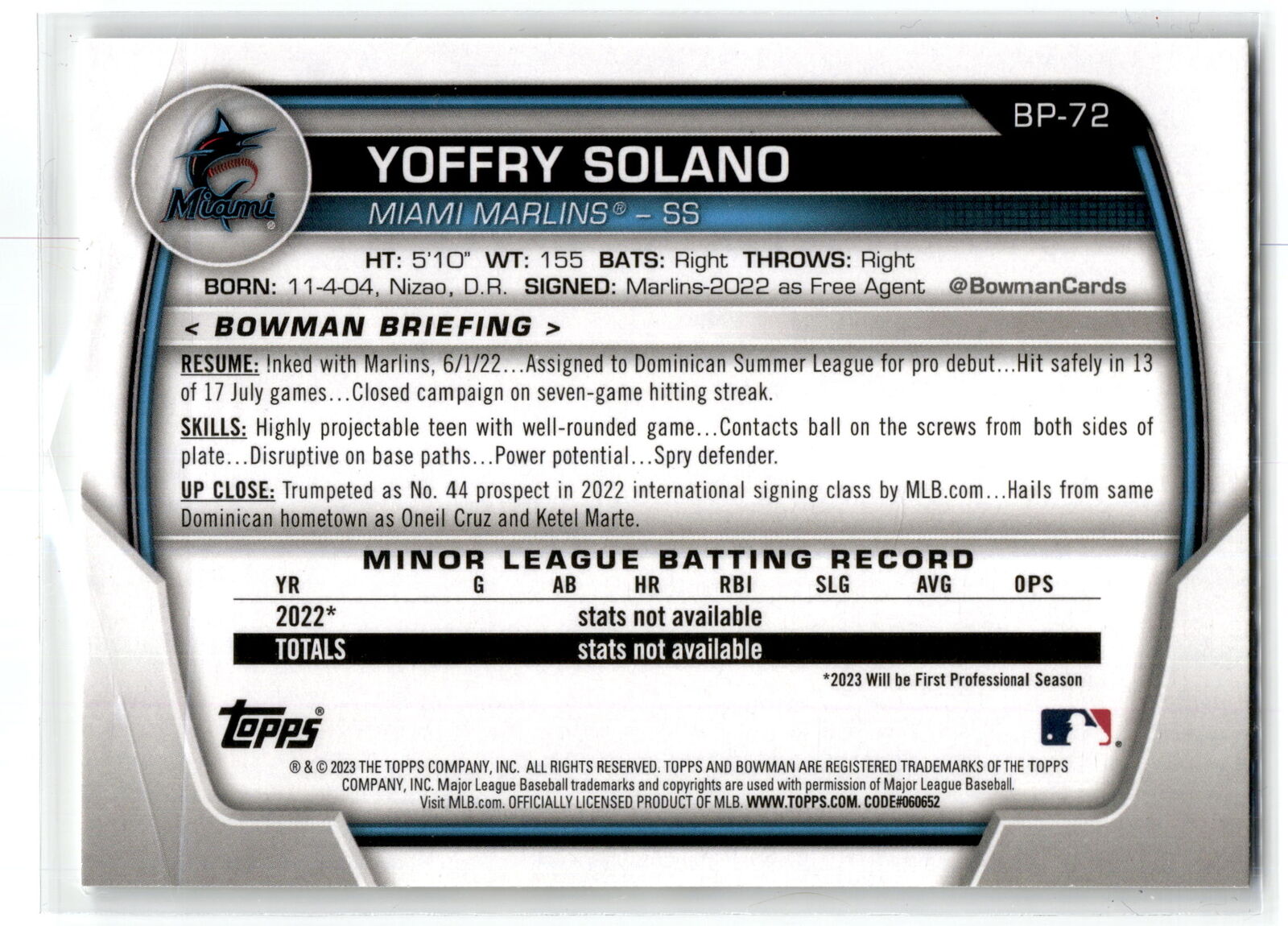 2023 Bowman #BP-72 Yoffry Solano Prospects NM