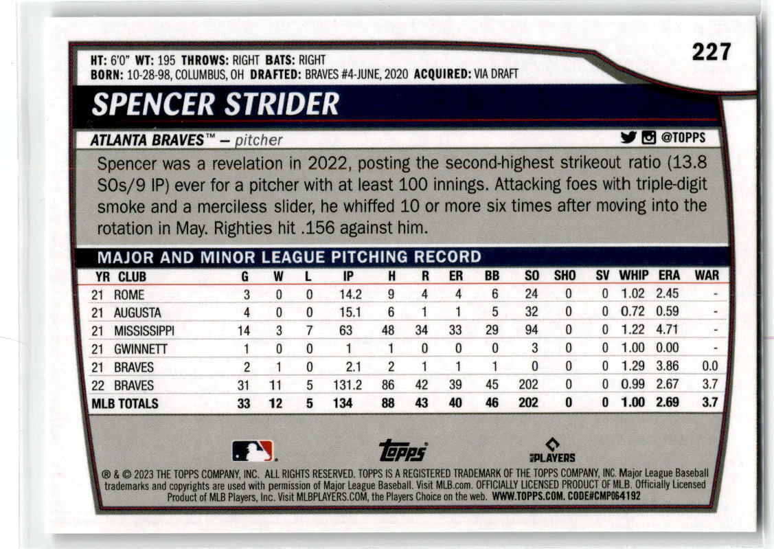 2023 Topps Big League #227 Spencer Strider NM