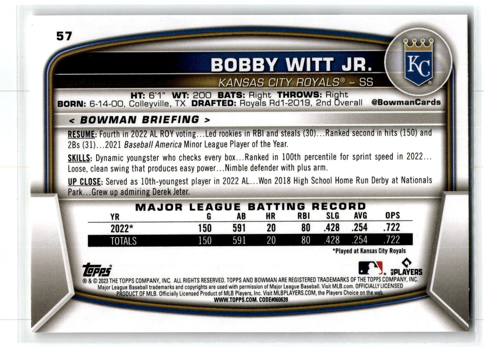 2023 Bowman #57 Bobby Witt Jr. NM