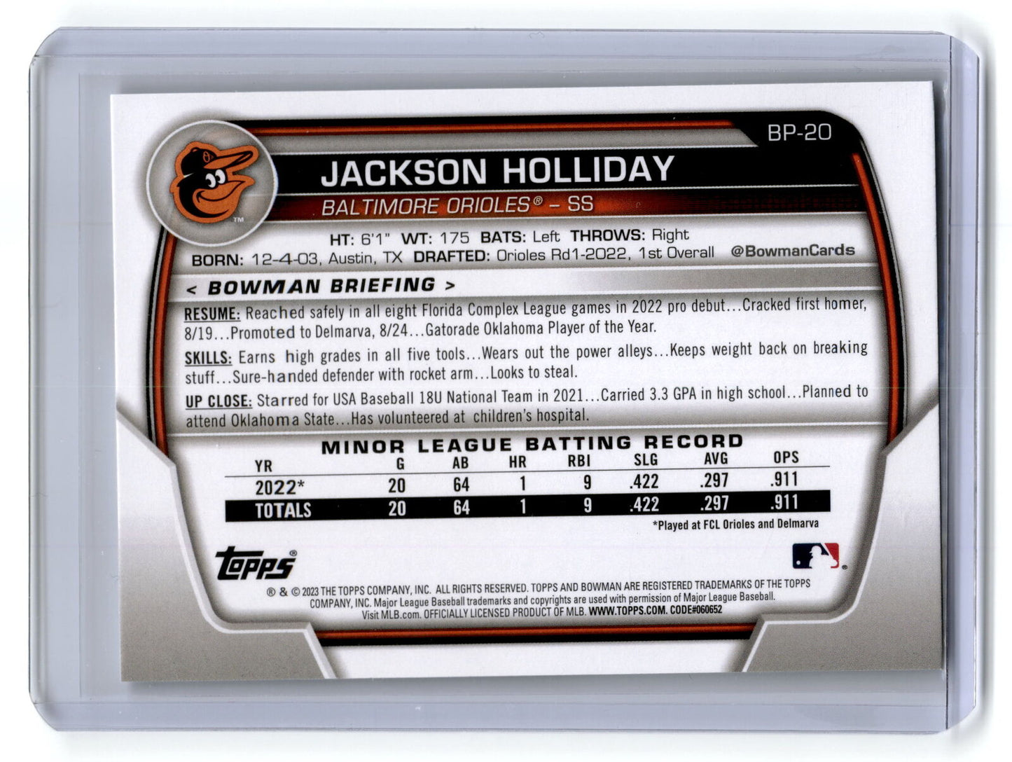 2023 Bowman #BP-20 Jackson Holliday Prospects NM