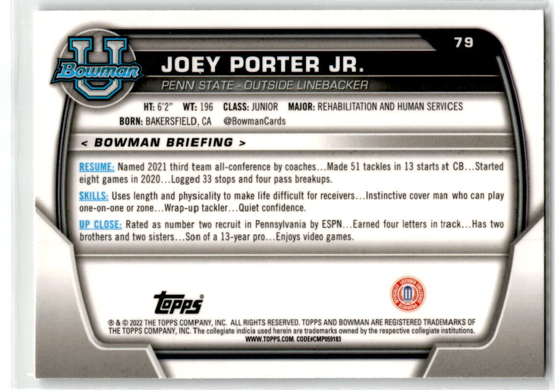 2022 Bowman Chrome University #79 Joey Porter Jr. NM