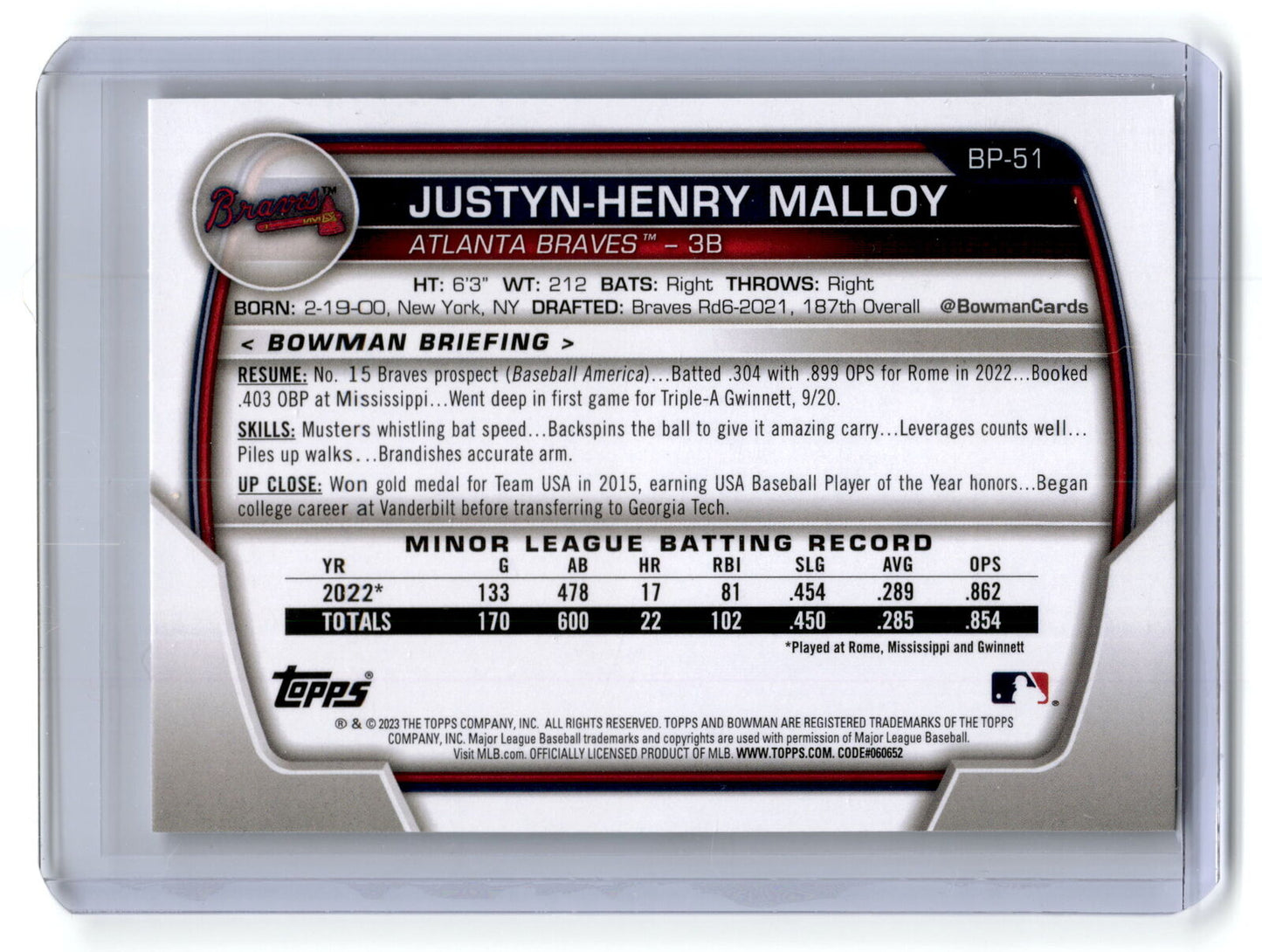 2023 Bowman #BP-51 Justyn-Henry Malloy Prospects NM