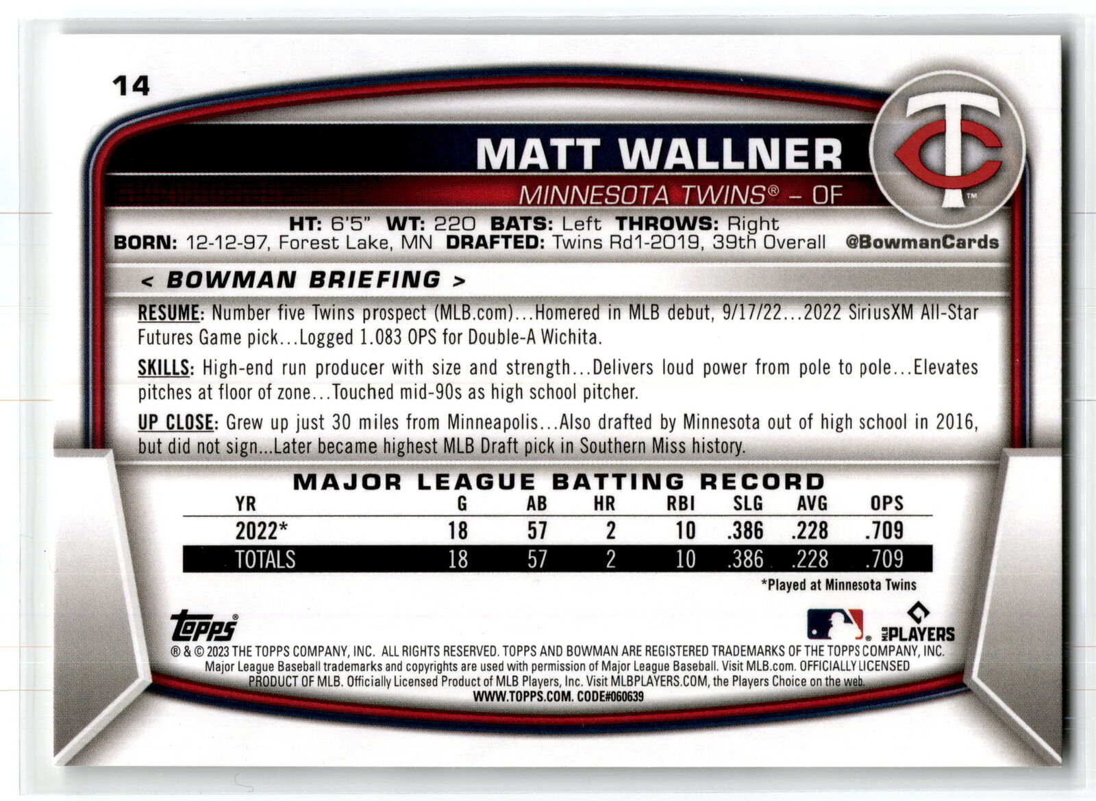 2023 Bowman #14 Matt Wallner NM