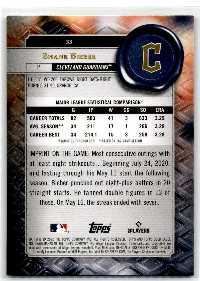 2022 Topps Gold Label #33 Shane Bieber NM