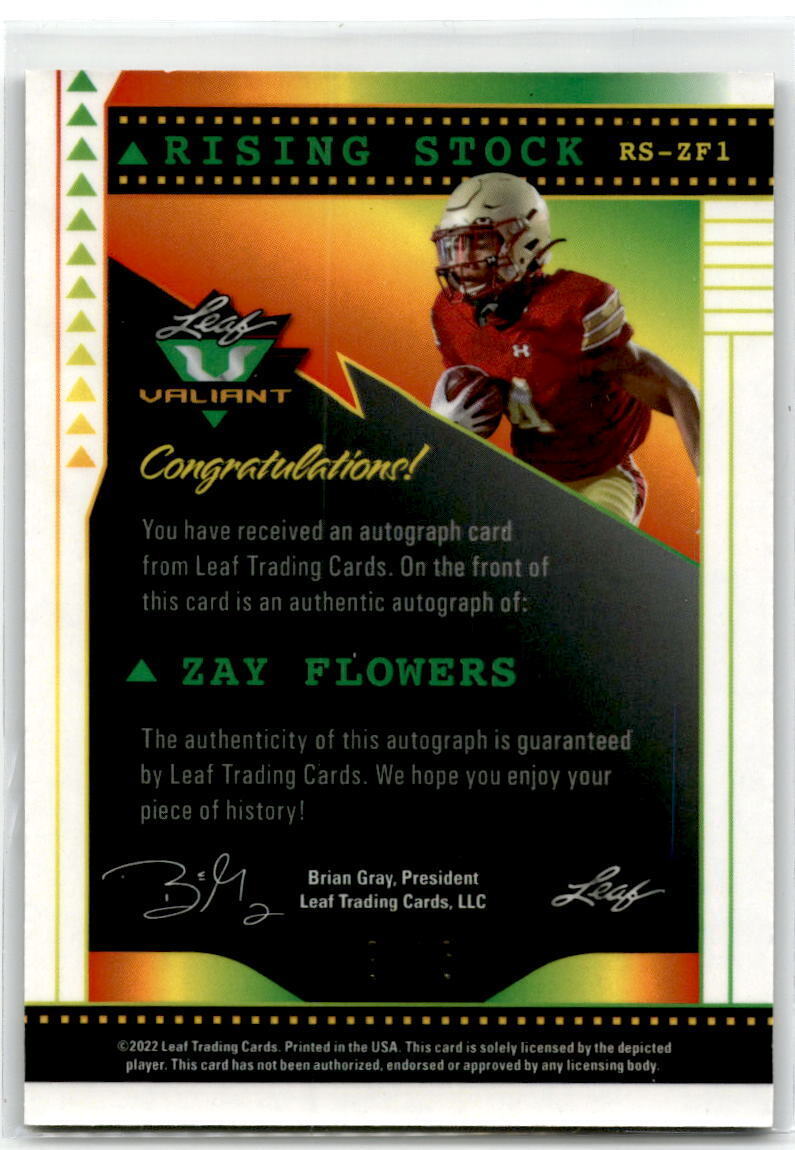 2022 Leaf Valiant #RS-ZF1 Zay Flowers Rising Stock Autographs Black Crystal NM