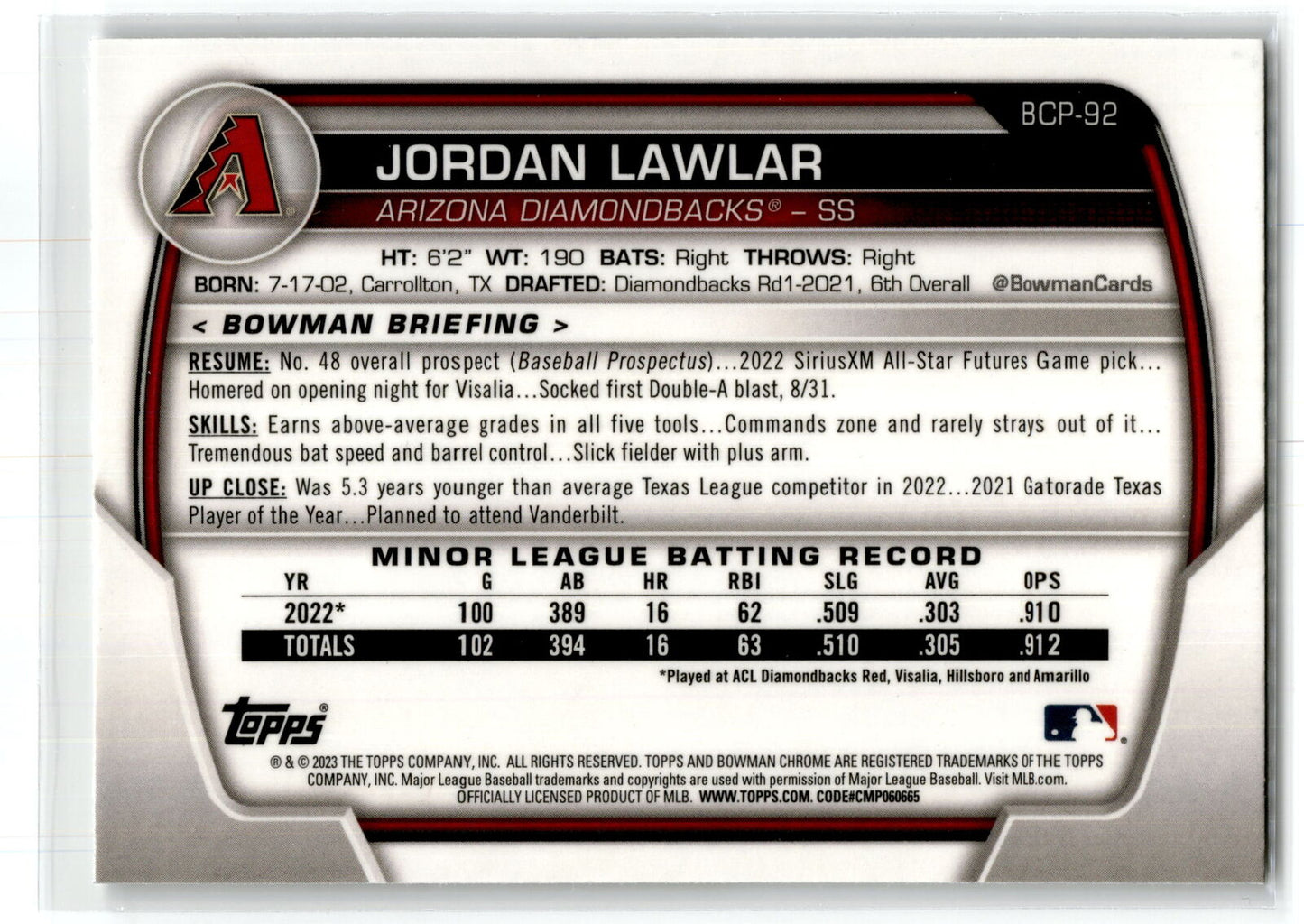 2023 Bowman #BCP-92 Jordan Lawlar Chrome Prospects NM