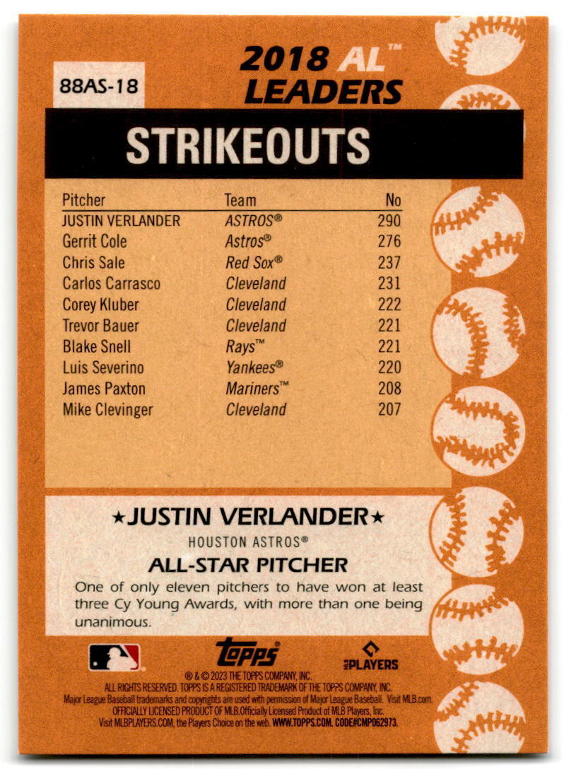 2023 Topps #88AS-18 Justin Verlander 1988 Baseball 35th Anniversary All-Stars NM