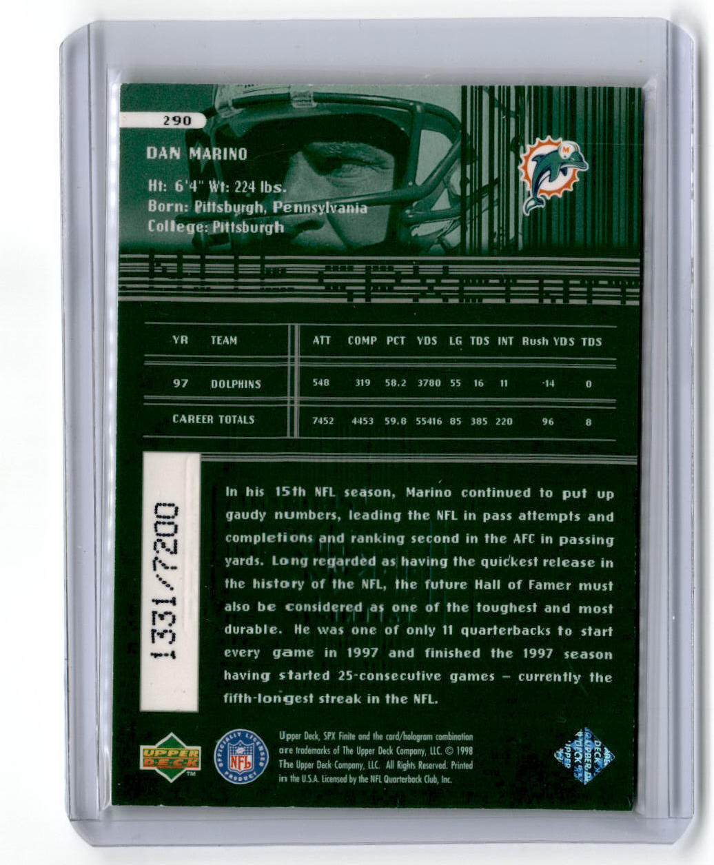 1998 SPx Finite #290 Dan Marino #/7200