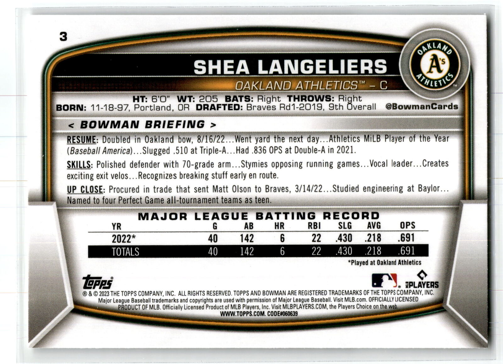 2023 Bowman #3 Shea Langeliers NM