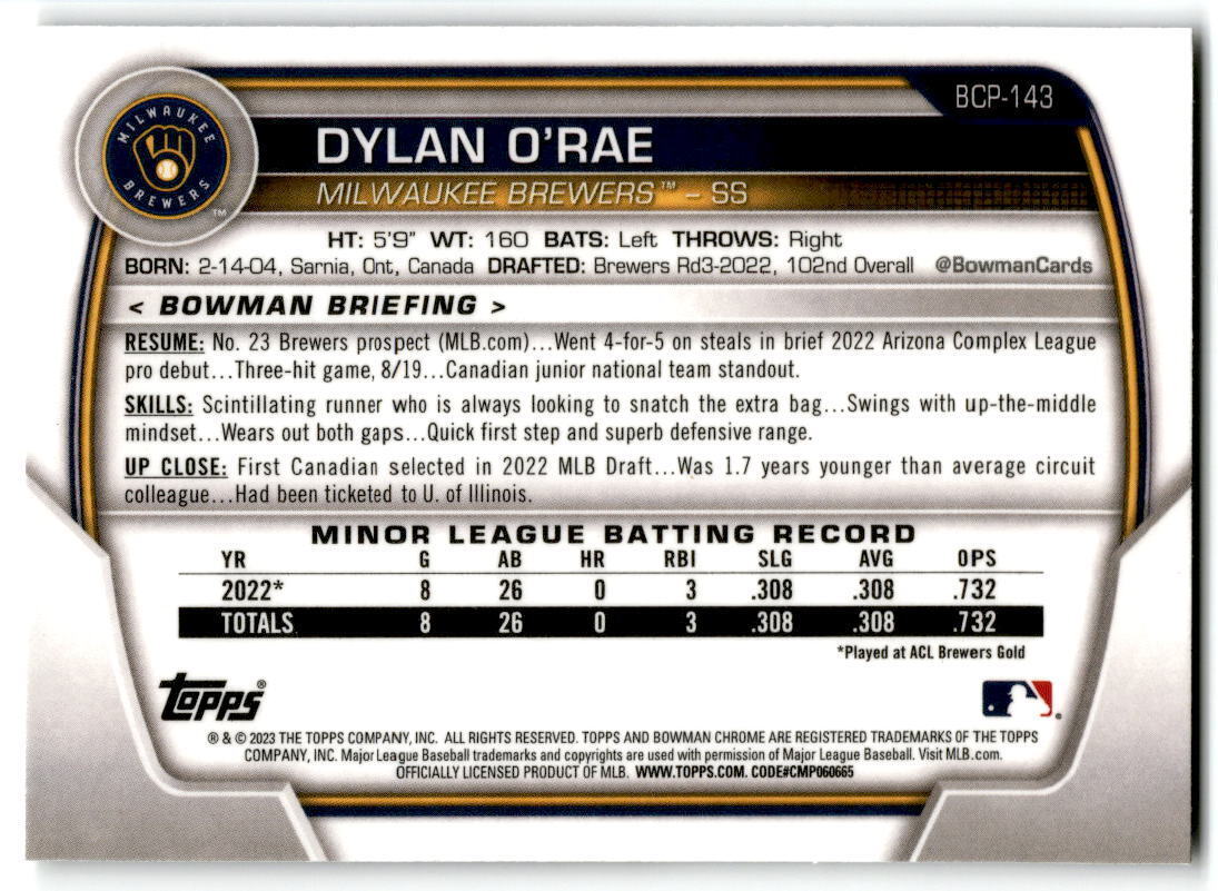 2023 Bowman #BCP-143 Dylan O'Rae Chrome Prospects NM