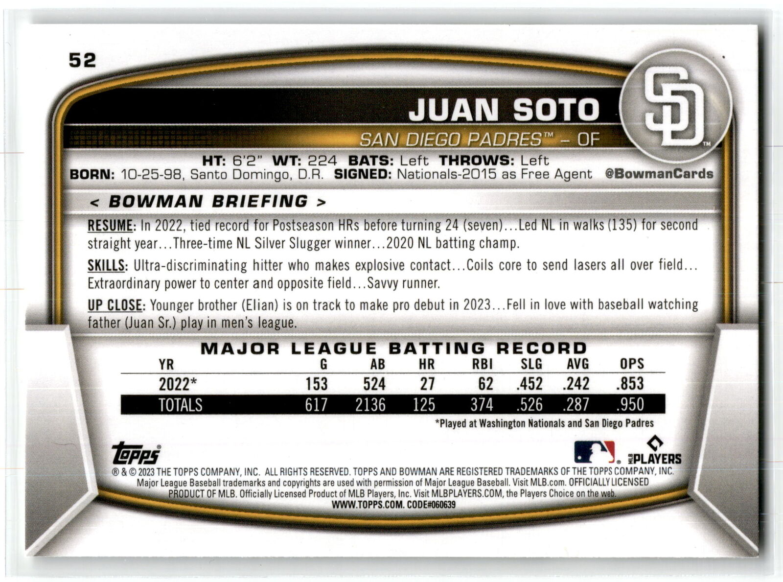 2023 Bowman #52 Juan Soto NM