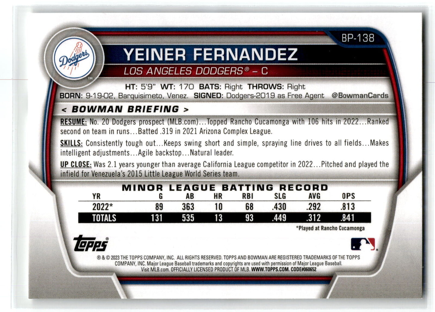 2023 Bowman #BP-138 Yeiner Fernandez Prospects NM